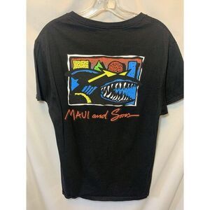 Mens Small Maui & Sons Graphic Shark T Shirt Short Sleeve Black Multicolor